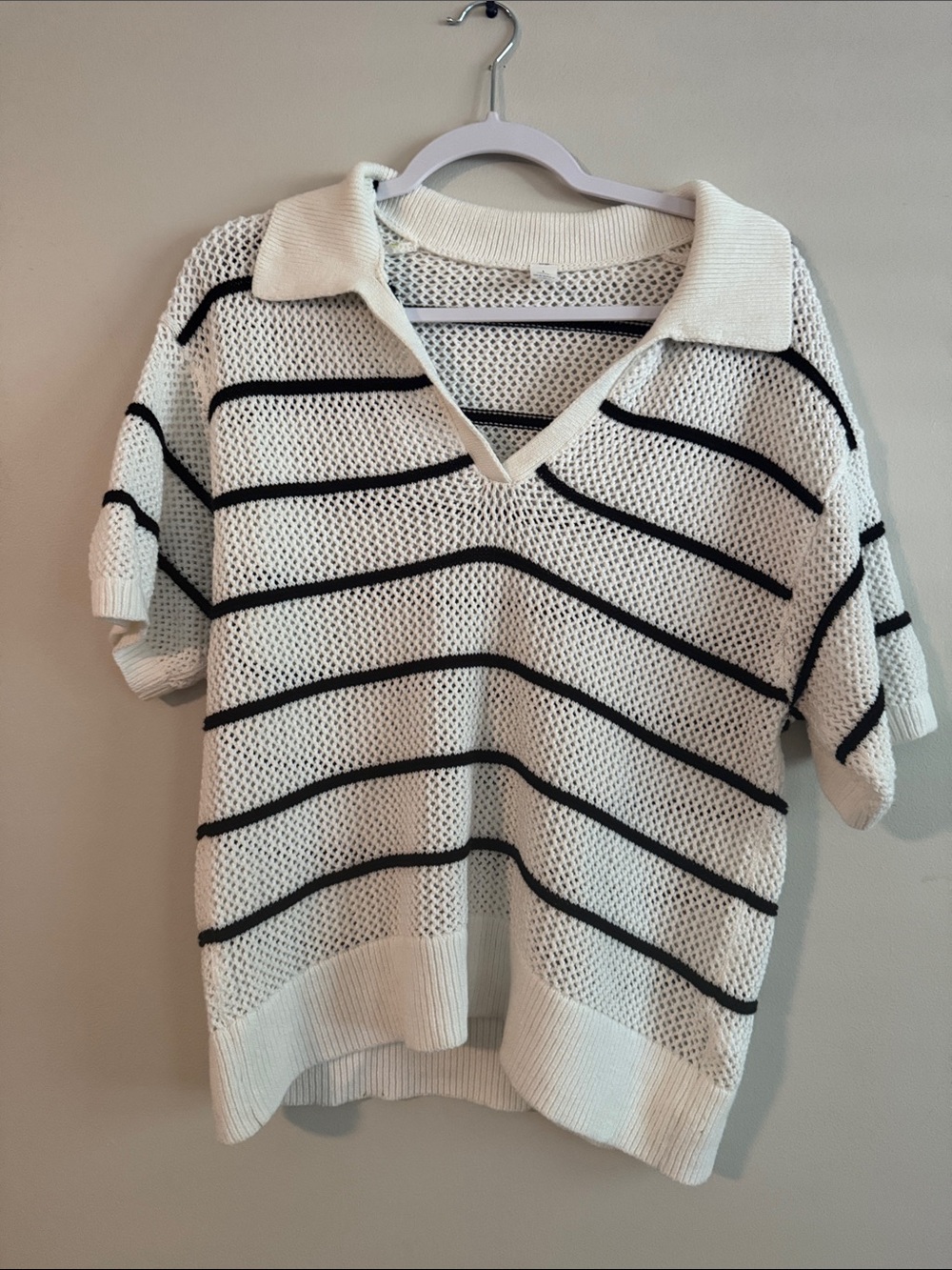 Old Navy White Knit Polo Sweater with Black Trim